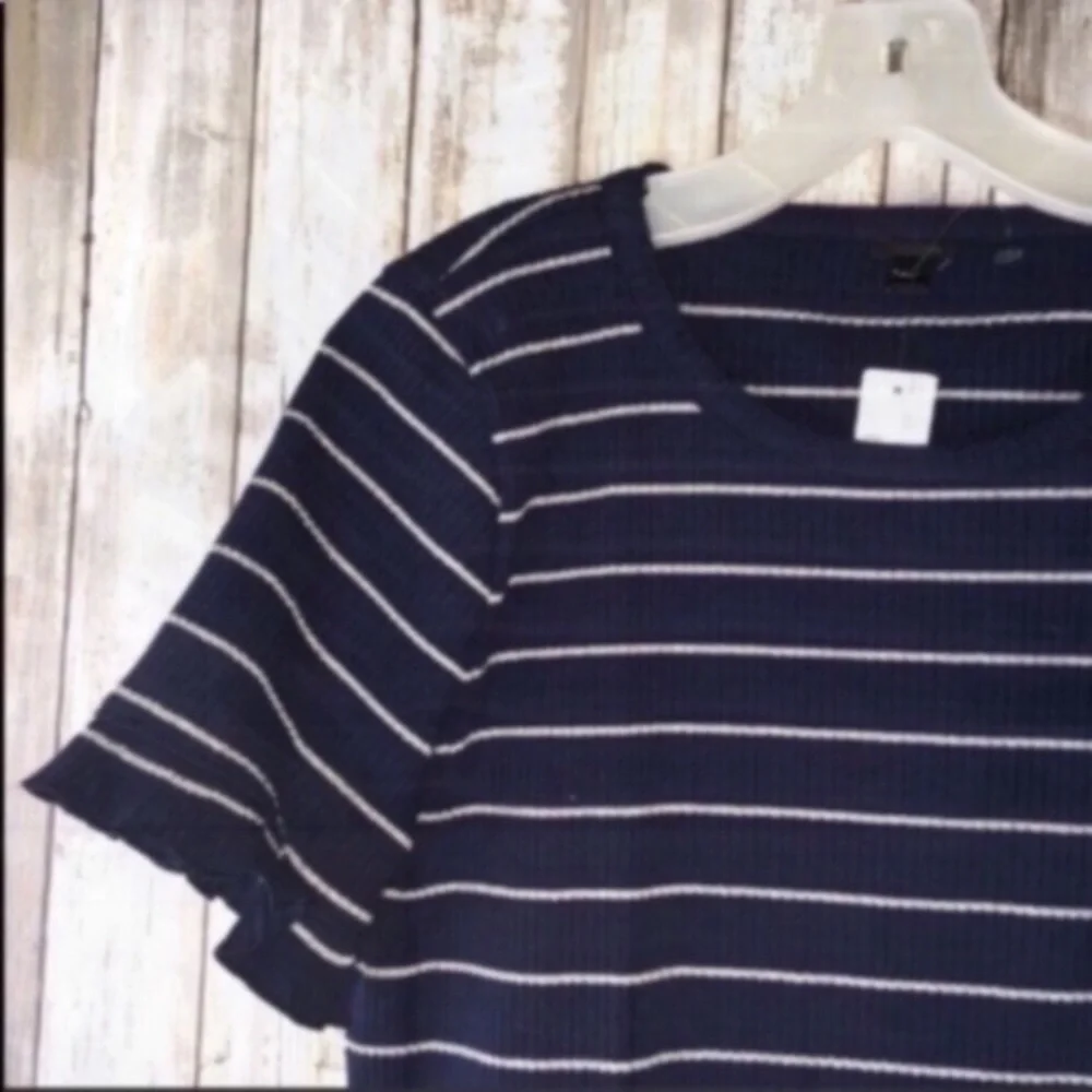 NWT J.Crew Striped Flutter Sleeve Top XL Navy Silver Ruffle Sleeve Knit Blouse